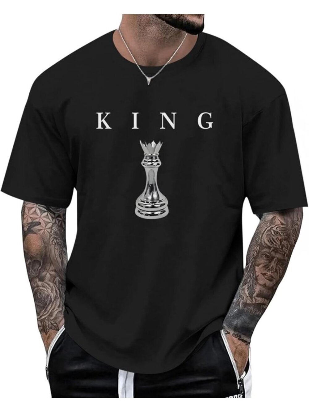 Men's Black King Chess Shirt Graphic Tee Designer Printed Urban Streetwear Top
